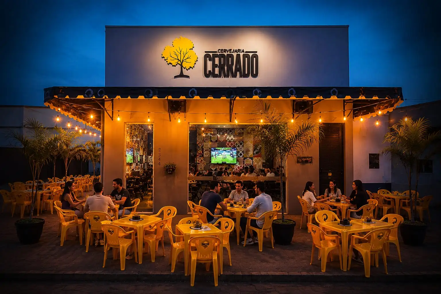Fachada da Cervejaria Cerrado à noite, com mesas ao ar livre, luzes acesas e clientes